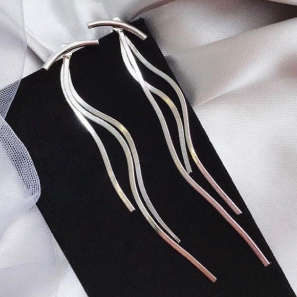 NEW SILVER BAR LONG TREAD TASSEL EARRINGS - Picture 3 of 4